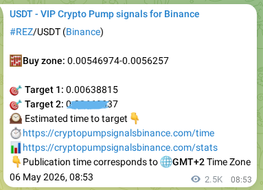 Crypto trading signal proof: REZ pump on Binance, 09 May 2026, 06:25