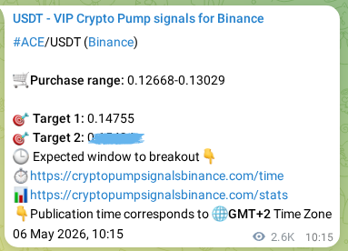 Crypto signal proof: ACE pump on Binance, 09 May 2026, 10:00