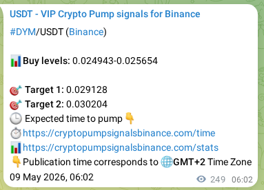 Authenticated proof of DYM's pump signal on Binance, 09 May 2026, 12:58