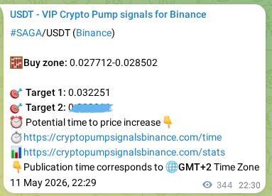 Crypto pump signal proof: SAGA on Binance, 12 May 2026, 07:42
