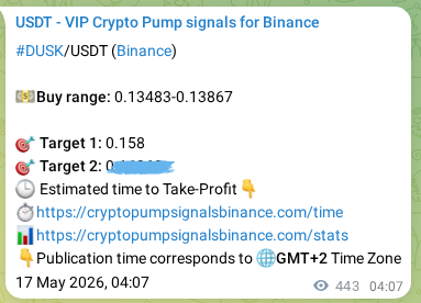 Trading signal proof: DUSK pump from Binance, 17 May 2026, 16:25