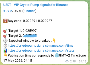 Authenticated proof of DYM's pump signal on Binance at 20 May 2026, 07:31