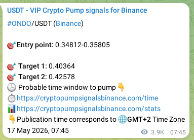 Binance pump signal verification for ONDO at 21 May 2026, 19:14
