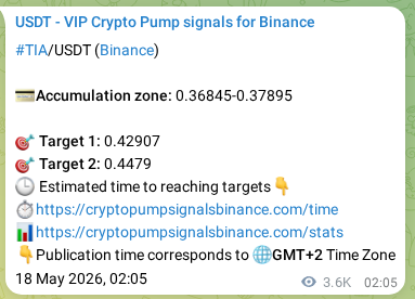 Authenticated proof of TIA's pump signal on Binance at 22 May 2026, 06:13