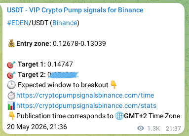 Binance trading signal proof for EDEN pump, 22 May 2026, 08:13