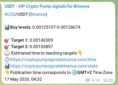 Authenticated proof of COS's pump signal on Binance at 23 May 2026, 14:14