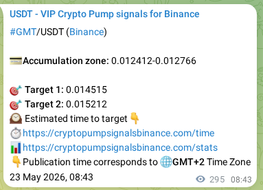 Binance trading signal proof for GMT pump, 23 May 2026, 16:42