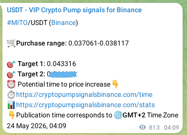 Proof of MITO pump signal on Binance at 25 May 2026, 02:42