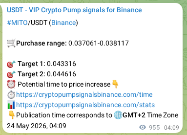 Authenticated proof of MITO's pump signal on Binance at 25 May 2026, 06:38