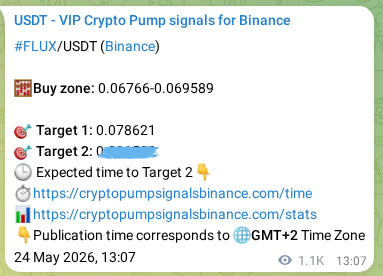 Authenticated proof of FLUX's pump signal on Binance, 25 May 2026, 20:48