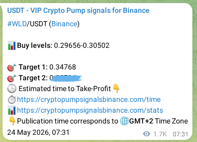 Crypto pump signal proof: Verify WLD on Binance, 26 May 2026, 07:22 Crypto pump signal proof: WLD on Binance, 26 May 2026, 07:22