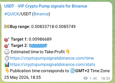 Binance trading signal proof for QUICK pump, 27 May 2026, 08:31