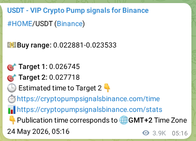 Binance trading signal proof for HOME pump, 28 May 2026, 18:36