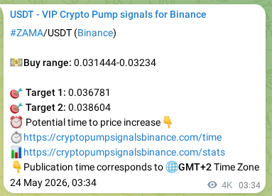 Trading signal proof: ZAMA pump from Binance, 28 May 2026, 18:56