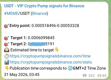 Binance pump signal verification for MEME at 31 May 2026, 12:49