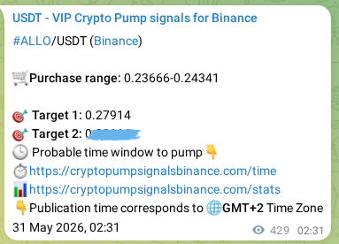 Authenticated proof of ALLO's pump signal on Binance, 31 May 2026, 14:26