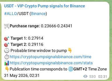 Binance pump signal confirmation for ALLO at 31 May 2026, 17:14