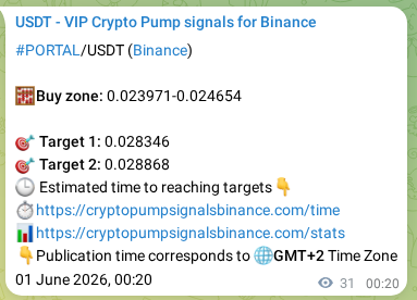 Authenticated proof of PORTAL's pump signal on Binance at 01 June 2026, 00:46