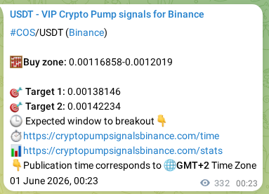Crypto trading signal verification: COS pump on Binance, 01 June 2026, 09:36