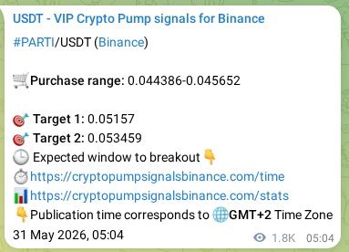 Crypto trading signal proof: PARTI pump on Binance, 02 June 2026, 06:48