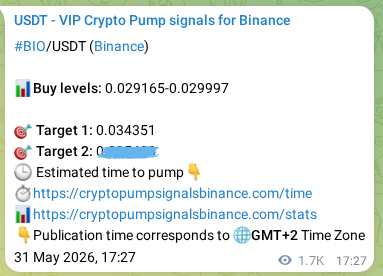 Crypto signal proof: BIO pump on Binance, 02 June 2026, 16:37