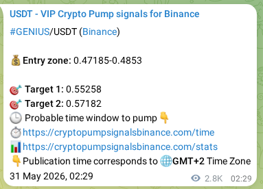 Binance trading signal proof for GENIUS pump, 03 June 2026, 08:05