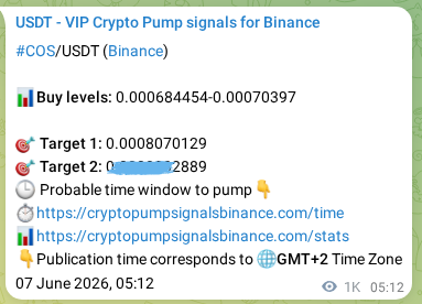Crypto trading signal proof: COS pump on Binance, 08 June 2026, 10:20