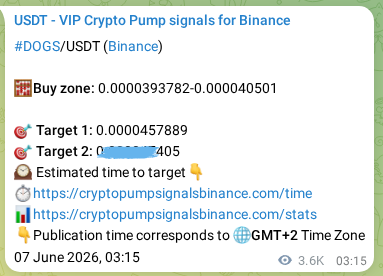 Authenticated proof of DOGS's pump signal on Binance at 11 June 2026, 06:46