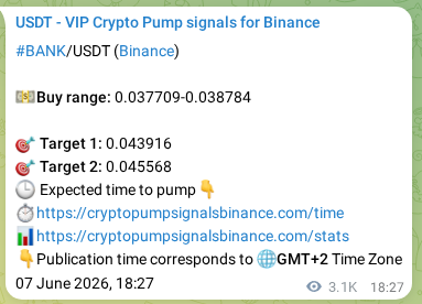 Crypto pump signal proof: BANK on Binance, 11 June 2026, 07:07