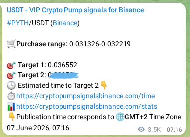 Binance pump signal data for PYTH at 11 June 2026, 08:53