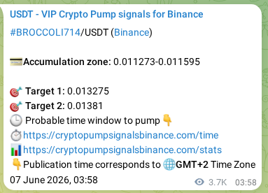 Real-time proof of BROCCOLI714 pump signal on Binance, 11 June 2026, 10:54