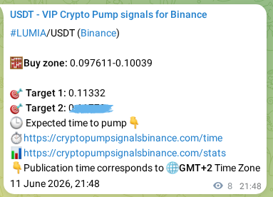 Market signal proof: LUMIA pump from Binance, 11 June 2026, 22:02