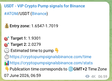 Live proof of ATOM pump signal on Binance, 11 June 2026, 23:00