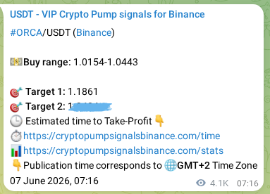 Trading signal verification: ORCA pump from Binance, 12 June 2026, 20:46