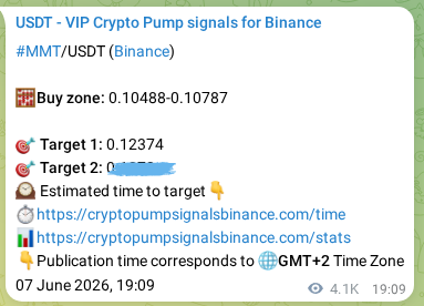 Authenticated proof of MMT's pump signal on Binance at 13 June 2026, 03:06
