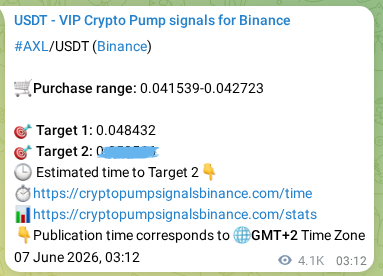 Binance trading signal proof for AXL pump, 13 June 2026, 04:34