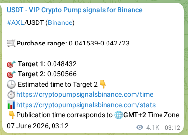 Trading signal proof: AXL pump from Binance, 13 June 2026, 06:13
