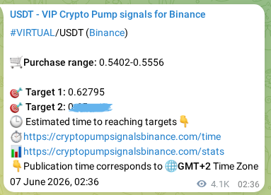 Real-time proof of VIRTUAL pump signal on Binance, 13 June 2026, 08:50