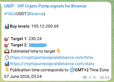 Crypto trading signal proof: TAO pump on Binance, 13 June 2026, 09:27