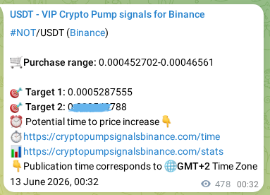 Authenticated NOT pump signal on Binance, 13 June 2026, 13:41