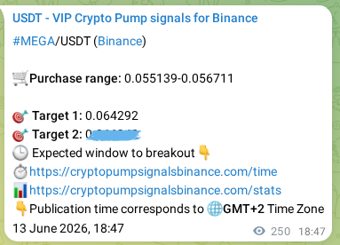 Proof of MEGA pump signal on Binance at 14 June 2026, 00:46