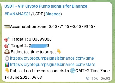 Crypto pump signal proof: BANANAS31 on Binance, 14 June 2026, 10:22