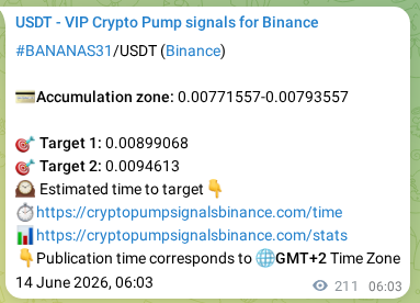 Binance trading signal proof for BANANAS31 pump, 14 June 2026, 11:53