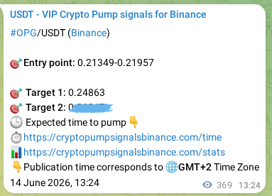 Crypto trading signal verification: OPG pump on Binance, 14 June 2026, 23:33