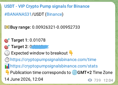 Crypto trading signal proof: BANANAS31 pump on Binance, 15 June 2026, 08:34