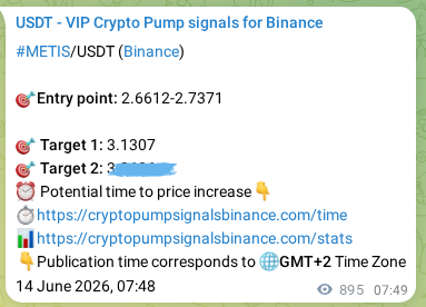Binance exchange signal proof for METIS, 15 June 2026, 08:40