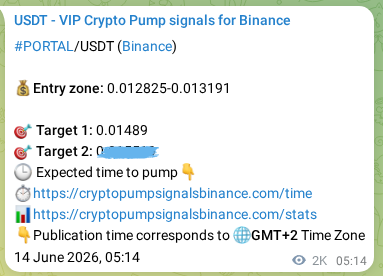 Binance pump signal data for PORTAL at 16 June 2026, 11:31