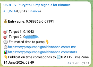 Crypto signal proof: LUMIA pump on Binance, 16 June 2026, 21:12