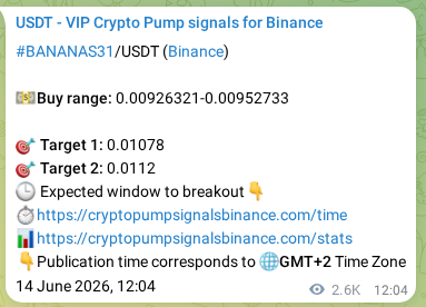 Crypto pump signal analytics for BANANAS31 on Binance, 17 June 2026, 13:23 Crypto pump signal analytics for BANANAS31 on Binance, 17 June 2026, 13:23