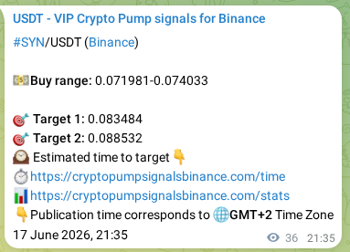 View the trading signal verification for SYN pump from Binance, 17 June 2026, 21:50 Trading signal verification: SYN pump from Binance, 17 June 2026, 21:50